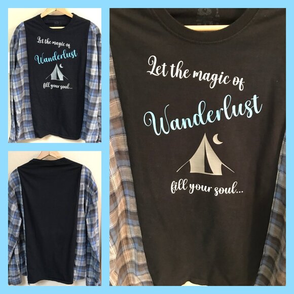 Reworked Flannel Shirt, Size L-XL: Upcycled Oversized Wanderlust Travel Graphics - Picture 8 of 8